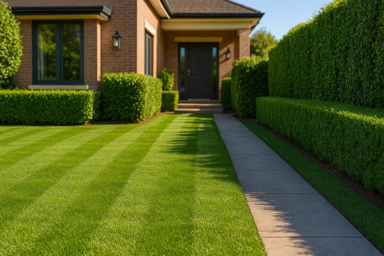 Freshly mowed lawn with trimmed hedges and tidy footpath