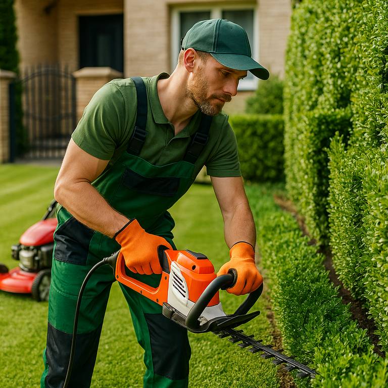 Freshly mowed lawn with trimmed hedges and tidy footpath in front of a house